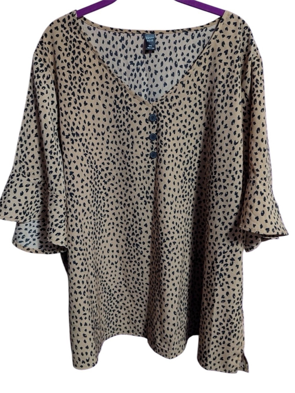 💜 Emery Rose Brown Black Leopard Print Short Ruffle Sleeve Top 5X 28